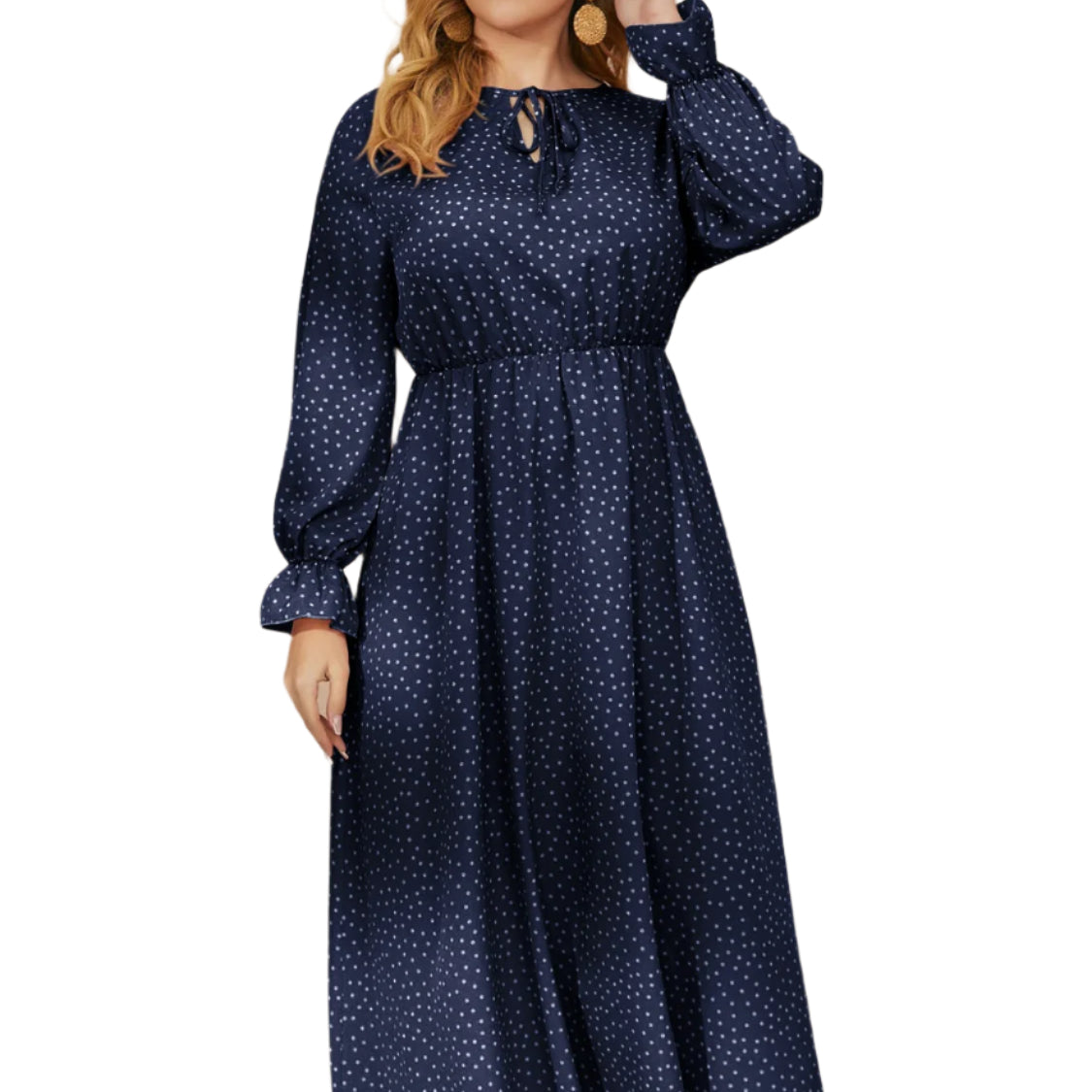 Honey Plus Size Ruffled Polka Dot Long Sleeve Midi Dress