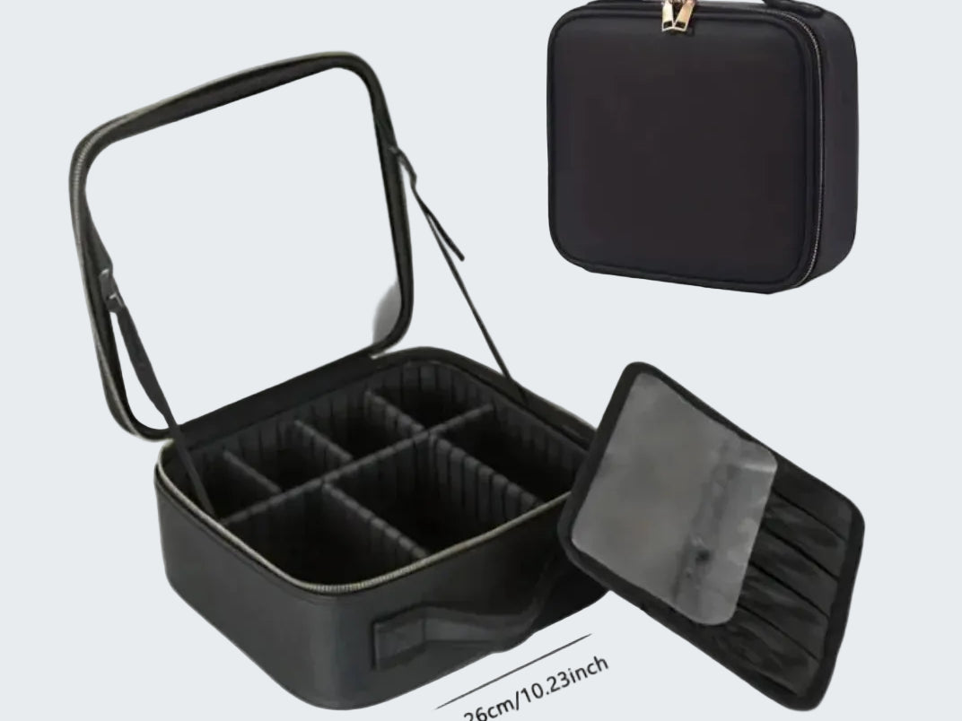 Black travel makeup case with mirror and dimensions on a white background