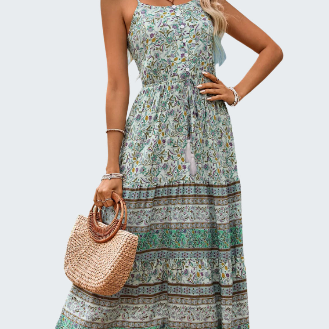 Tassel Printed Spaghetti Strap Dress