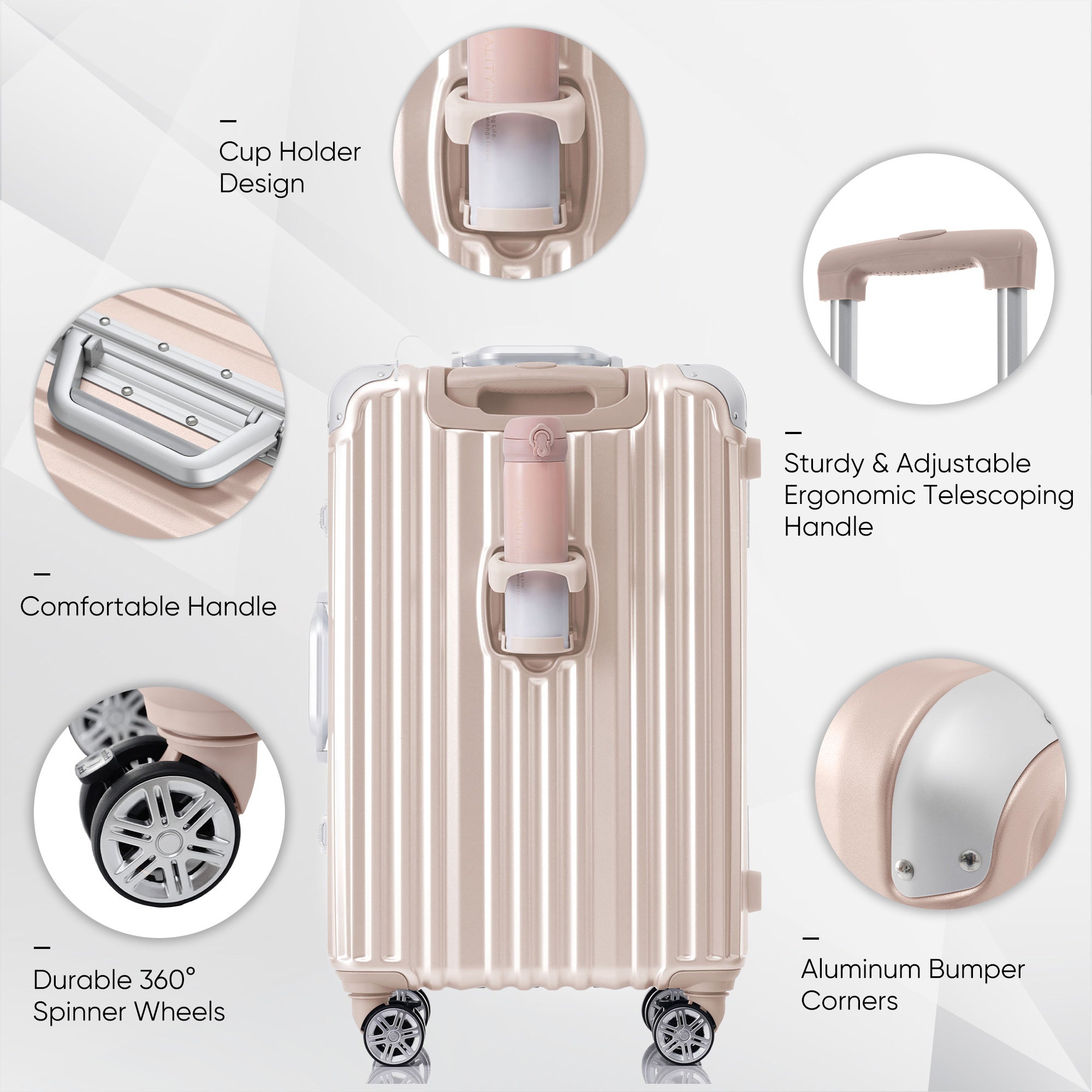 Pink Aluminum Frame Luggage with USB port Vacation Carry-On Suitcase with Spinner Wheels and TSA Lock