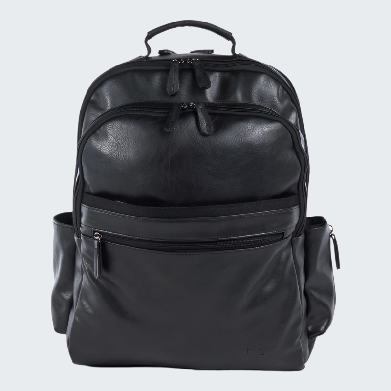 Black leather backpack on a white background