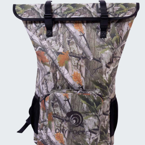 Camouflage backpack with a visible 'Dry Pocket' label on a white background