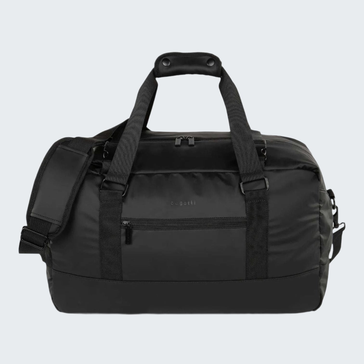 Black duffel bag with multiple straps on a white background