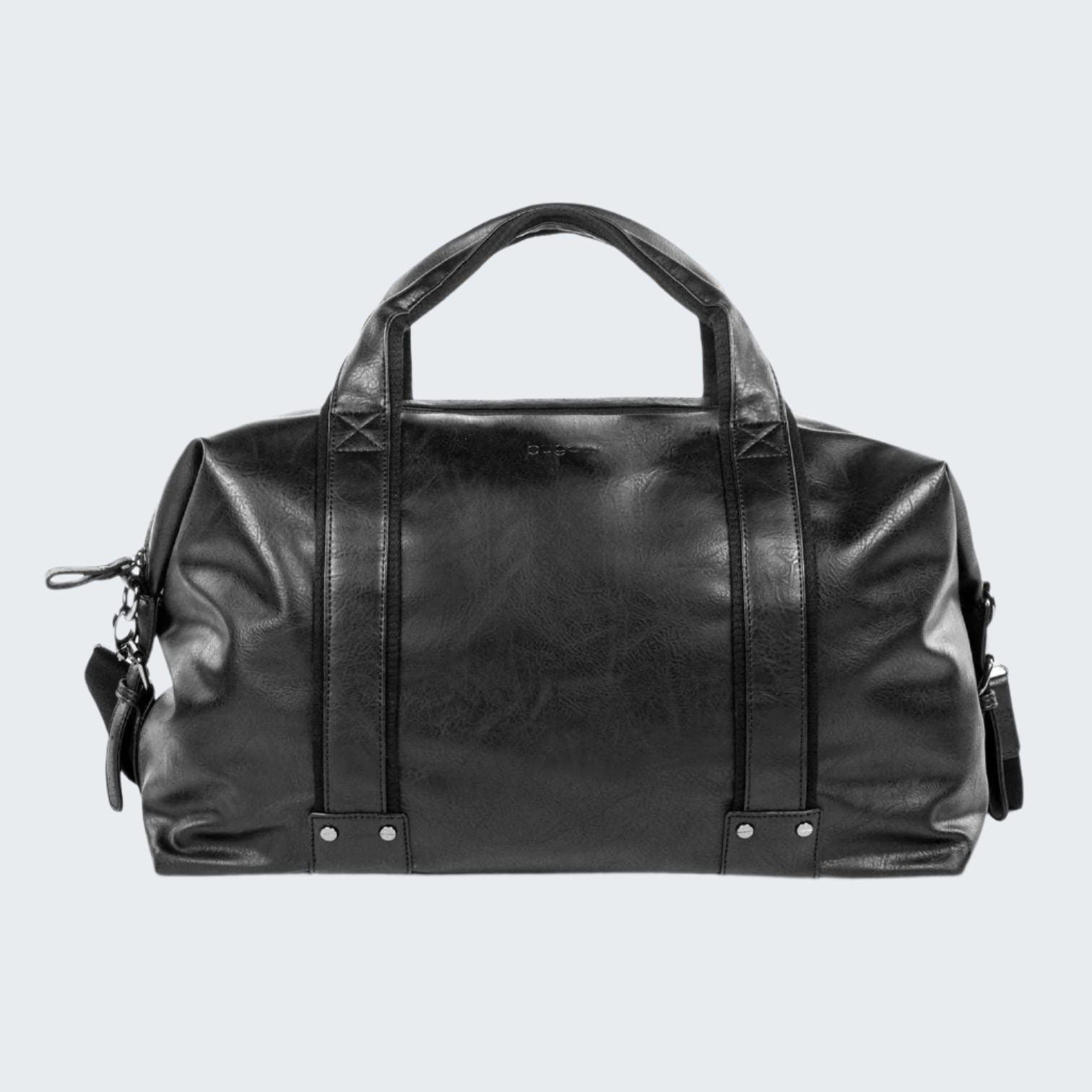 Black leather duffel bag on a white background