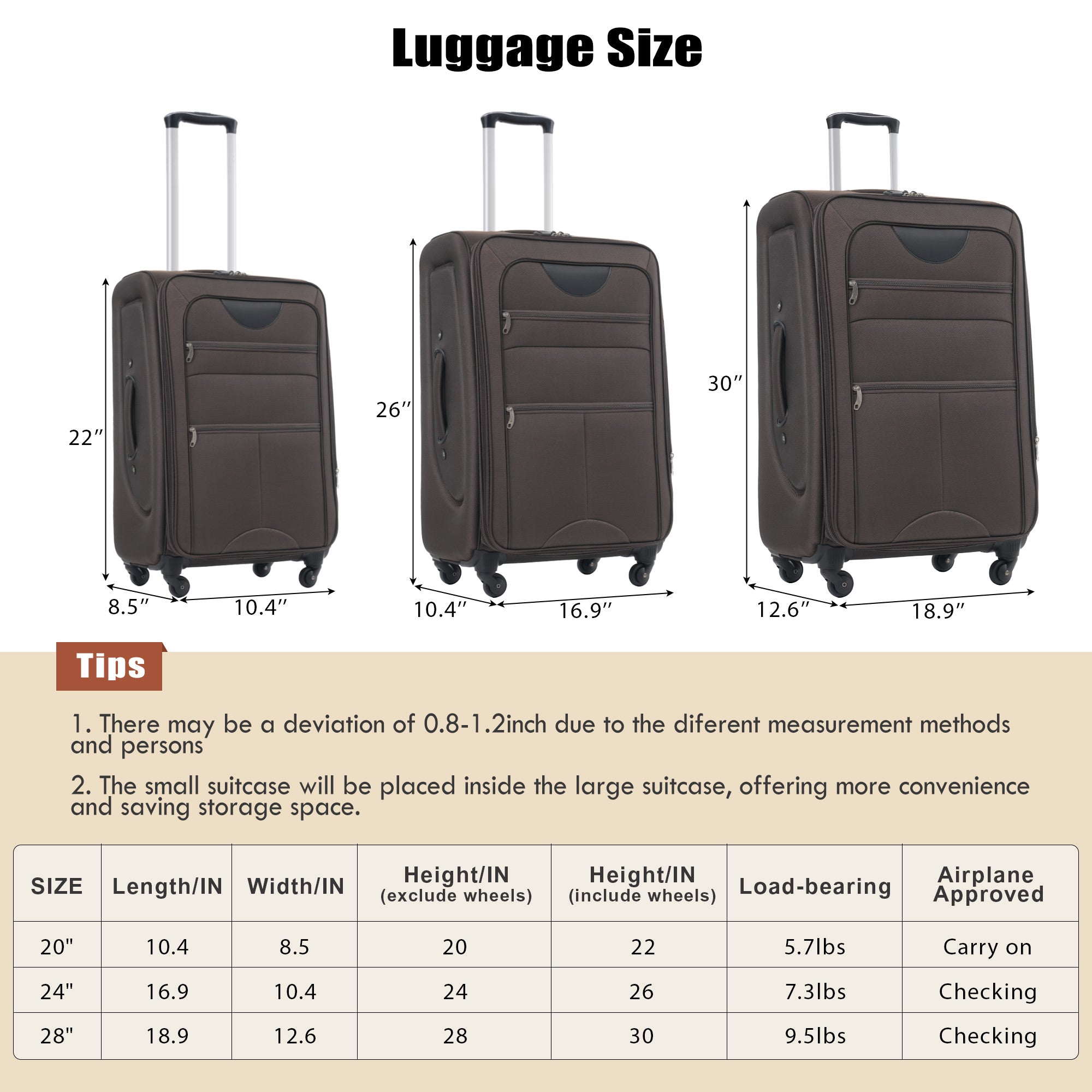 Brown Softside Luggage Expandable Three Piece Set Suitcase with Duffel Bag Upright Spinner