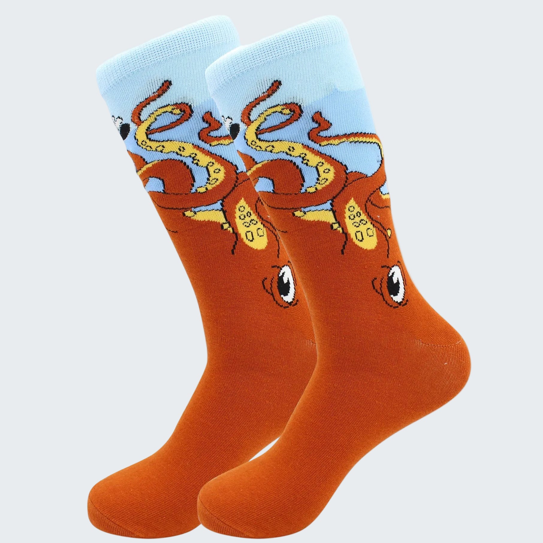 Pair of socks with cartoon octopus design on a white background