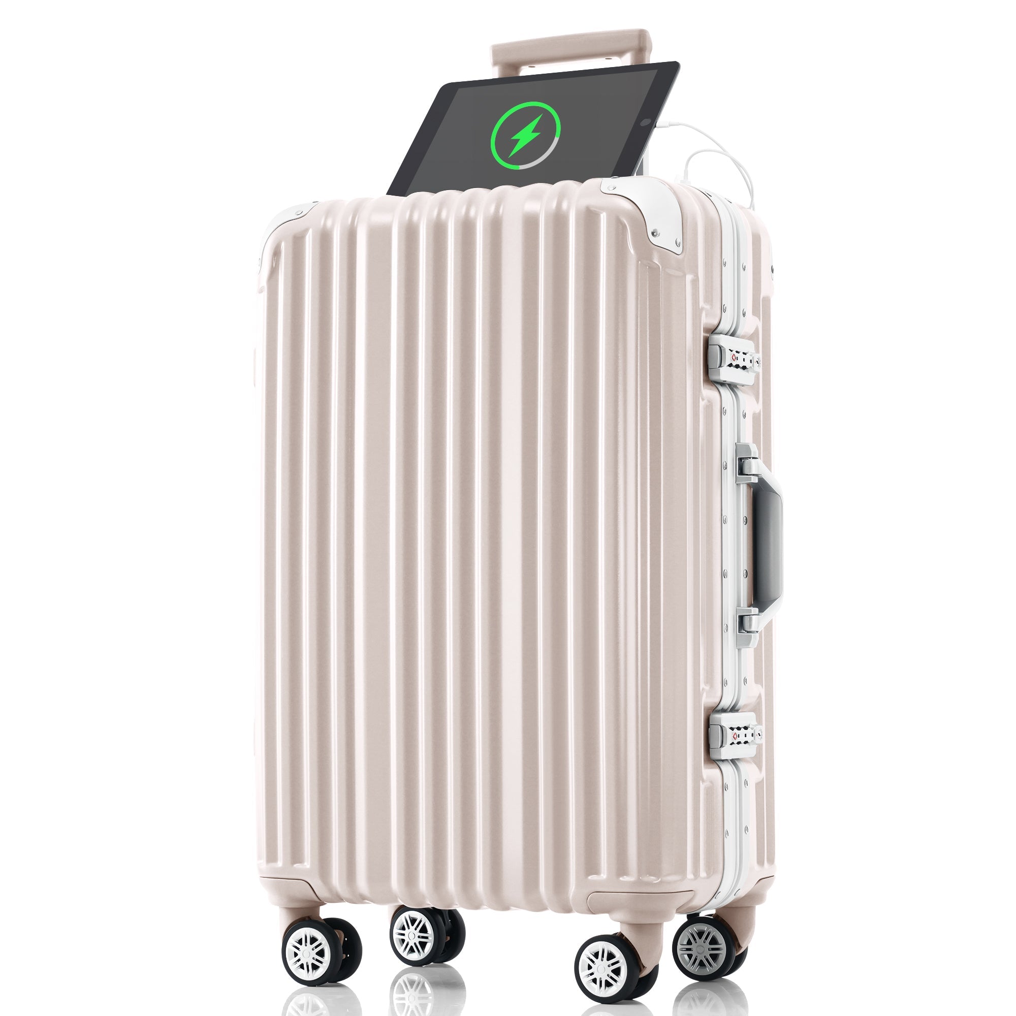 Pink Aluminum Frame Luggage with USB port Vacation Carry-On Suitcase with Spinner Wheels and TSA Lock