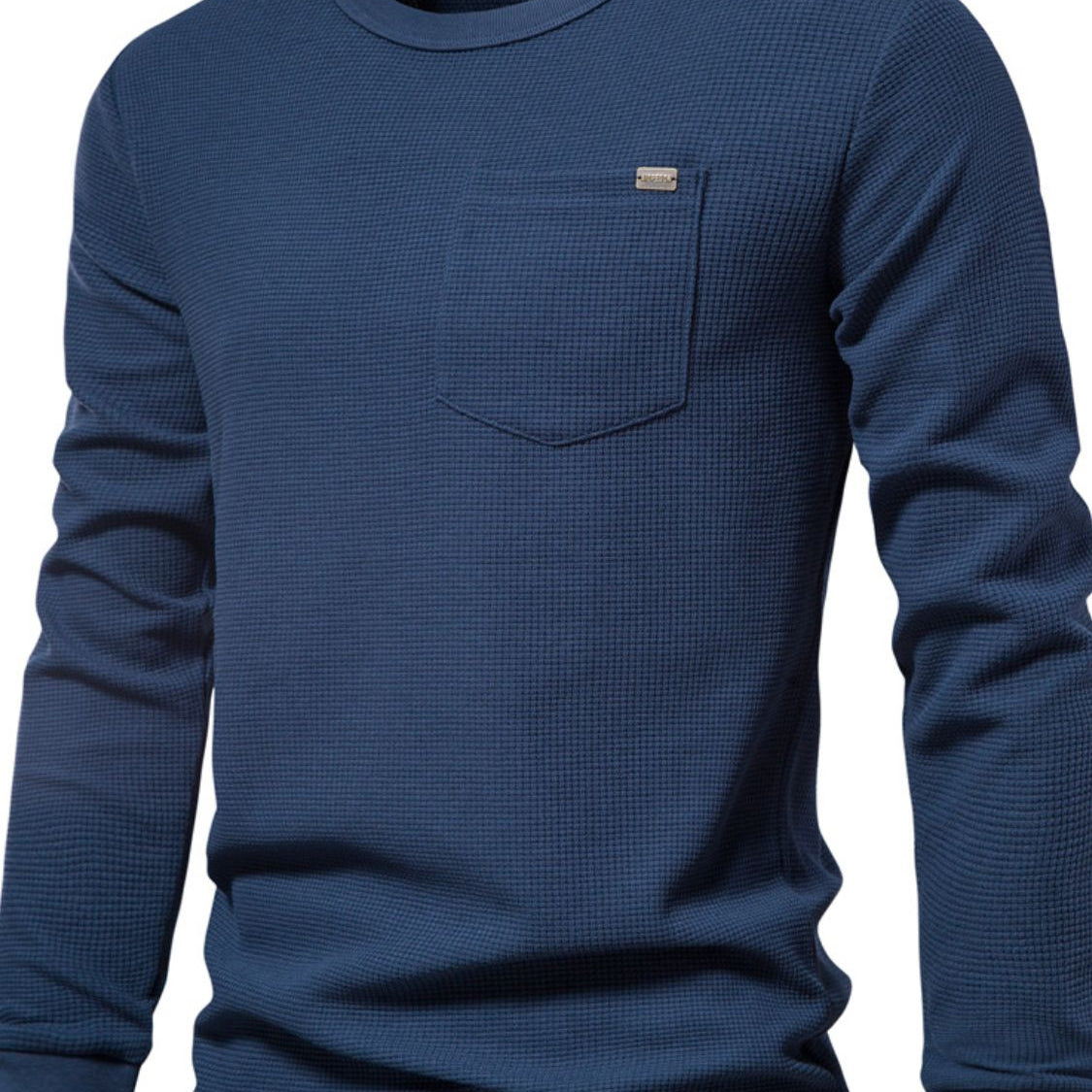 Waffle-Knit Round Neck Long Sleeve T-Shirt