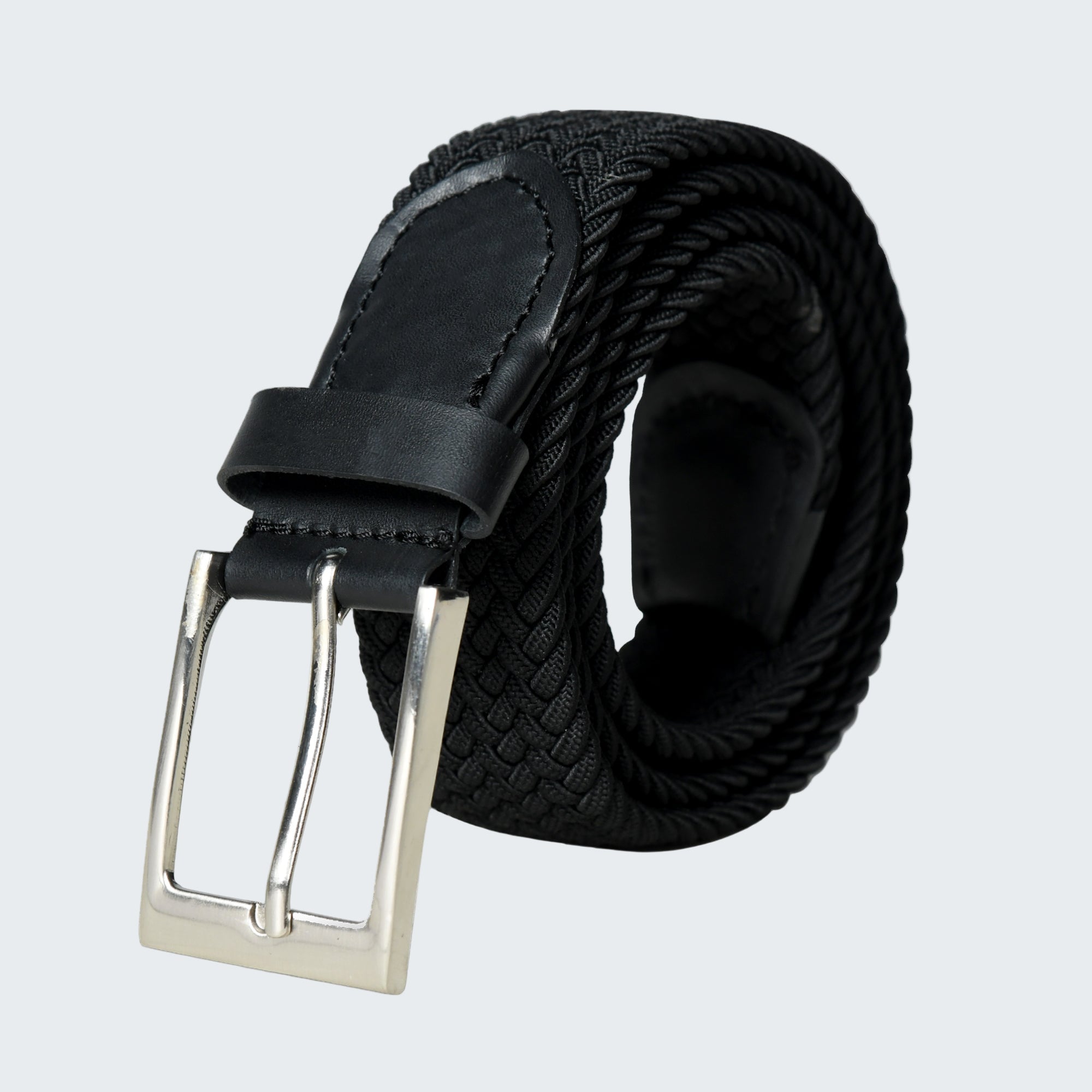 Black woven belt with a silver buckle on a white background