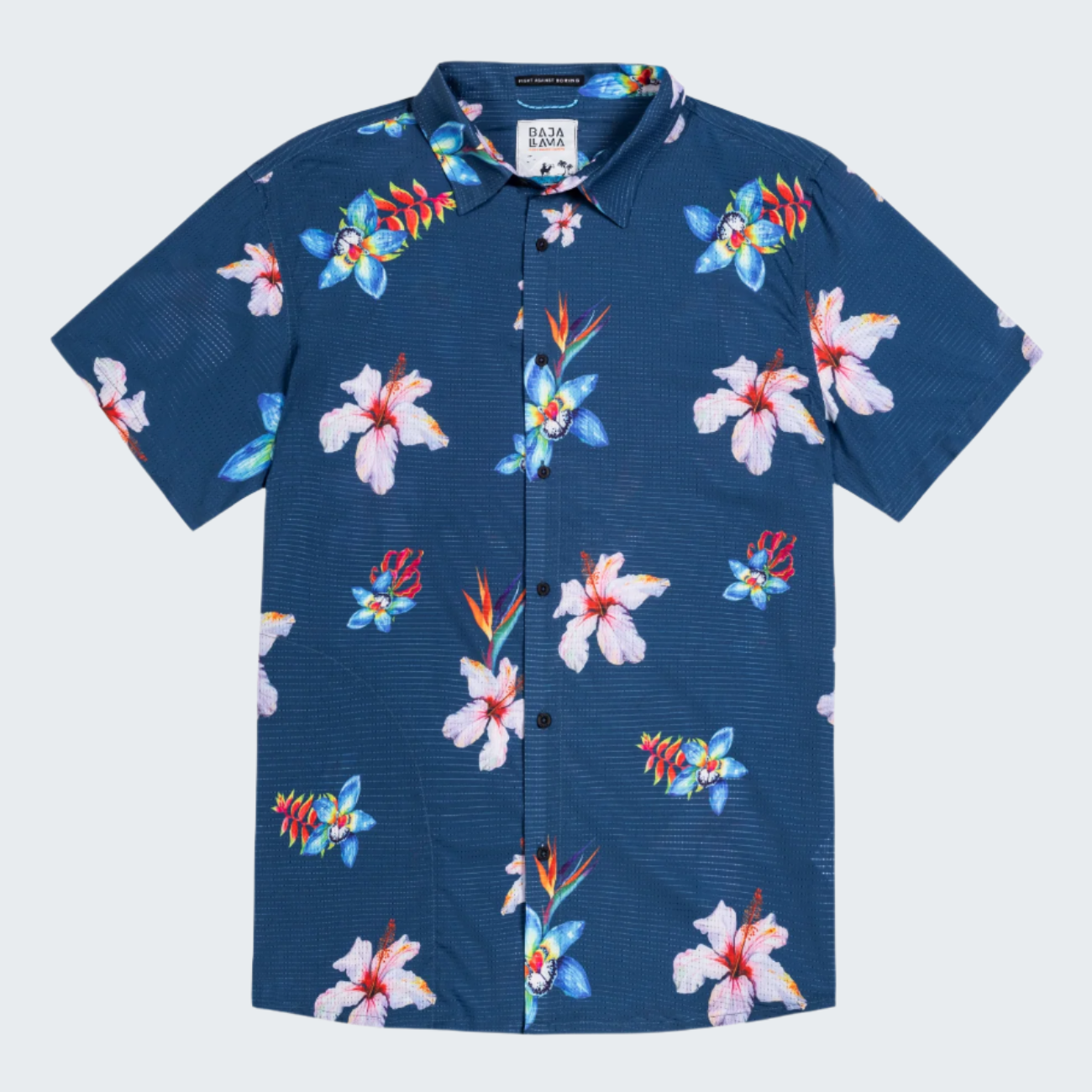 Navy blue shirt with colorful floral pattern on a white background