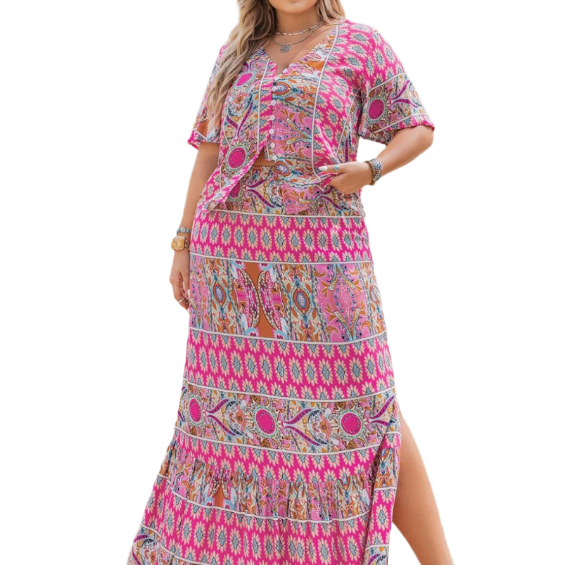Plus Size Printed V-Neck Half Sleeve Top and Skirt Set
