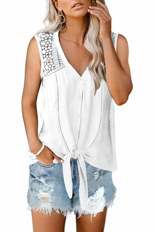 Chic White Lace Tie Front Button Tank Top - Sun of the Beach Boutique