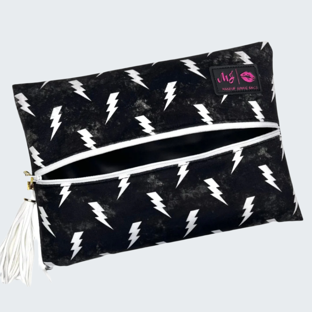 Black pouch with white lightning bolt pattern on a white background