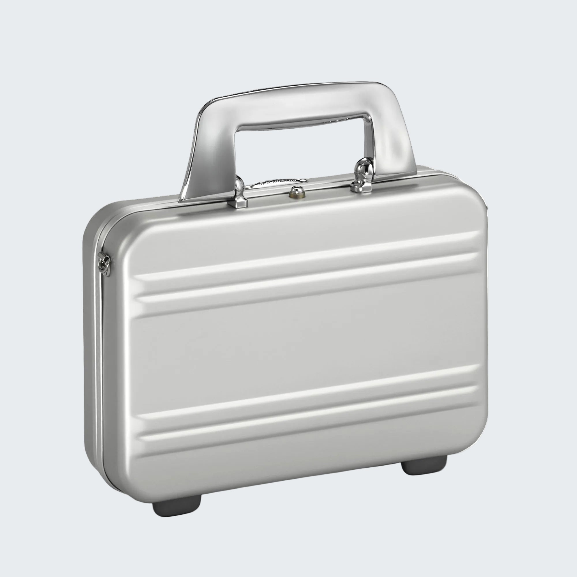 Silver briefcase with a handle on a white background
