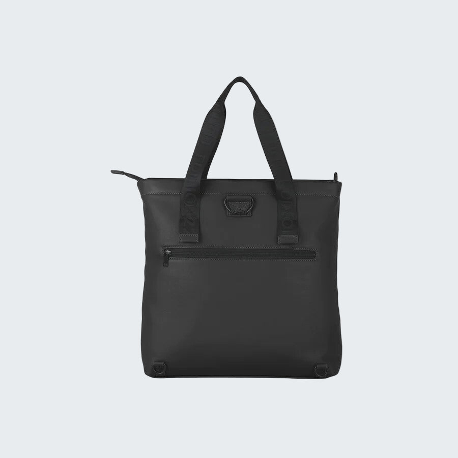 Black tote bag with a visible brand logo on a white background