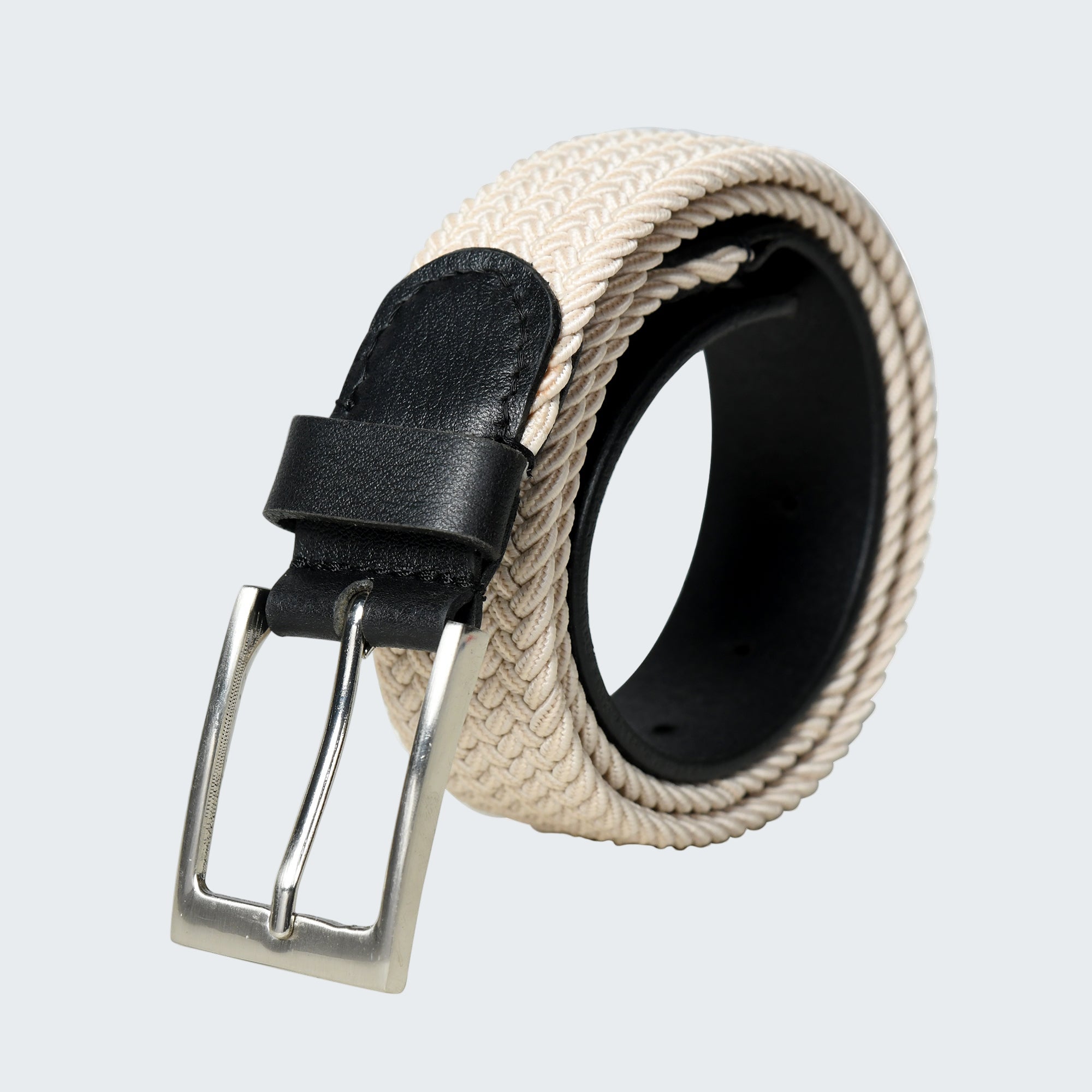 Beige woven belt with black interior and silver buckle on a white background