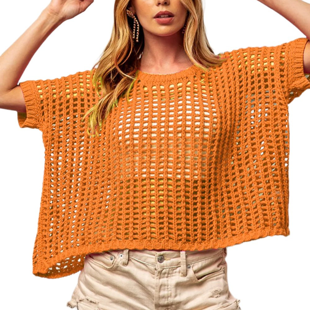 BiBi Hollowed Out Short Sleeve Knit Cover Up