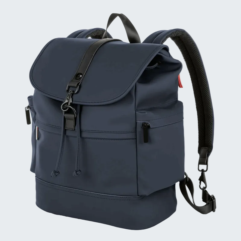 Navy blue backpack with black straps on a white background