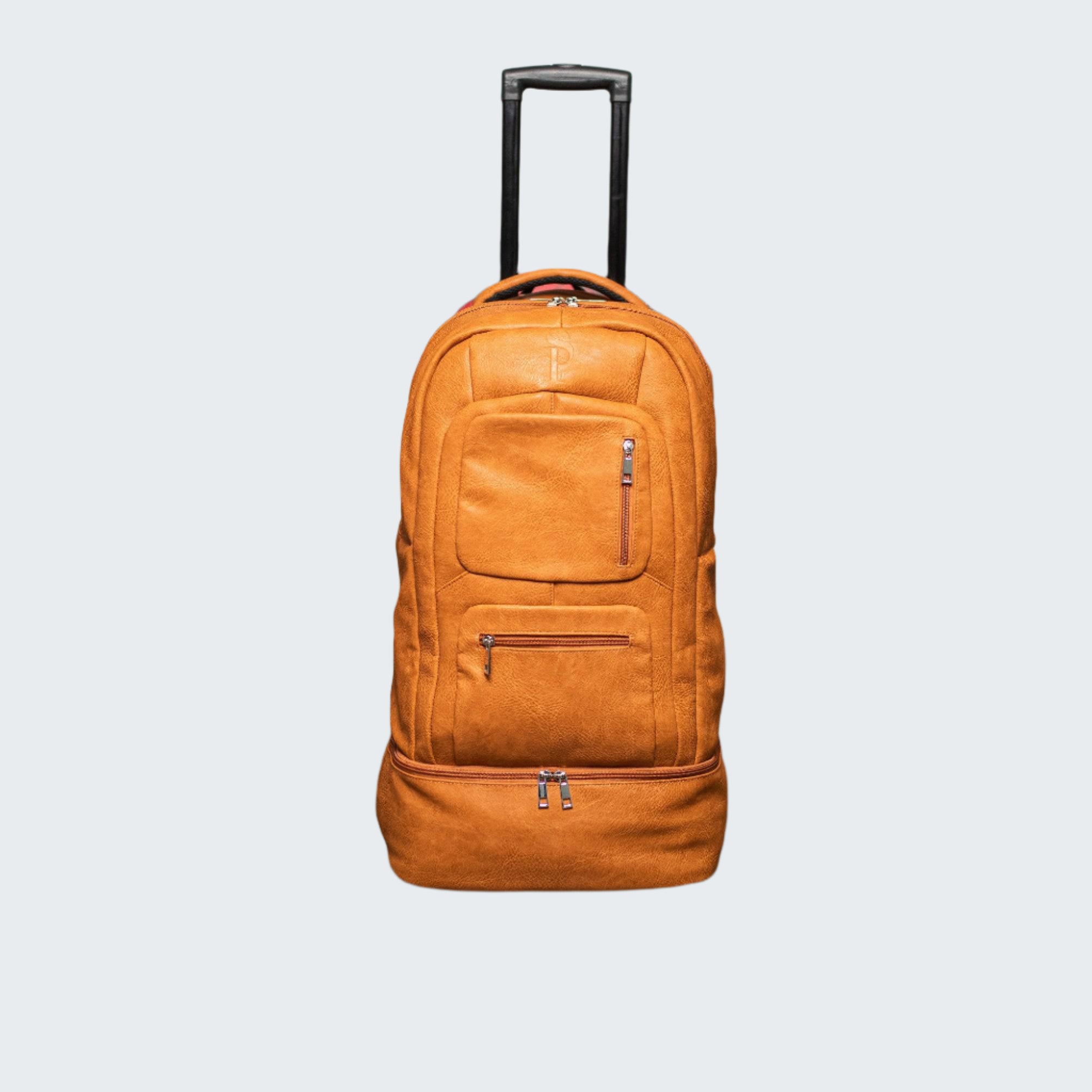 Orange backpack with wheels on a wooden floor with shelves displaying shoes and Nike boxes in the background.