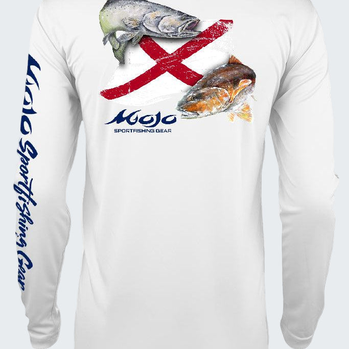 White long-sleeve shirt with fish graphics and branding on a white background