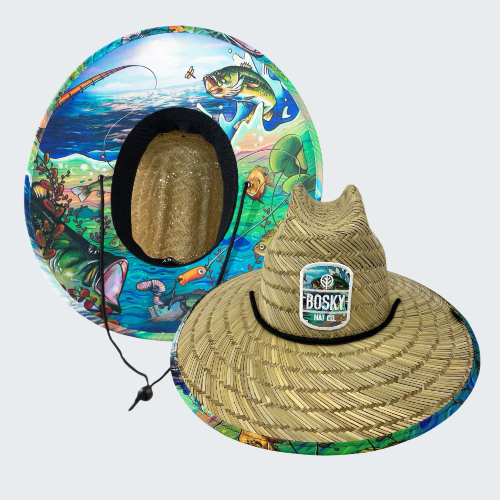 Fishing-themed straw hat with colorful design on a white background