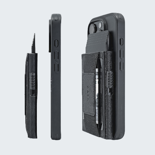 Black phone case with card slots and a pen holder on a light gray background