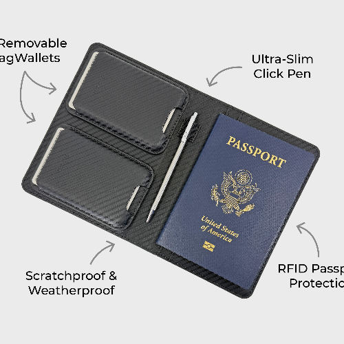 Black travel wallet with passport holder, magwallets, click pen, and RFID protection on a white background.