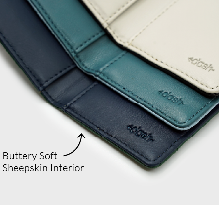 Three leather wallets in blue, green, and beige with 'dash' branding on a light gray background.