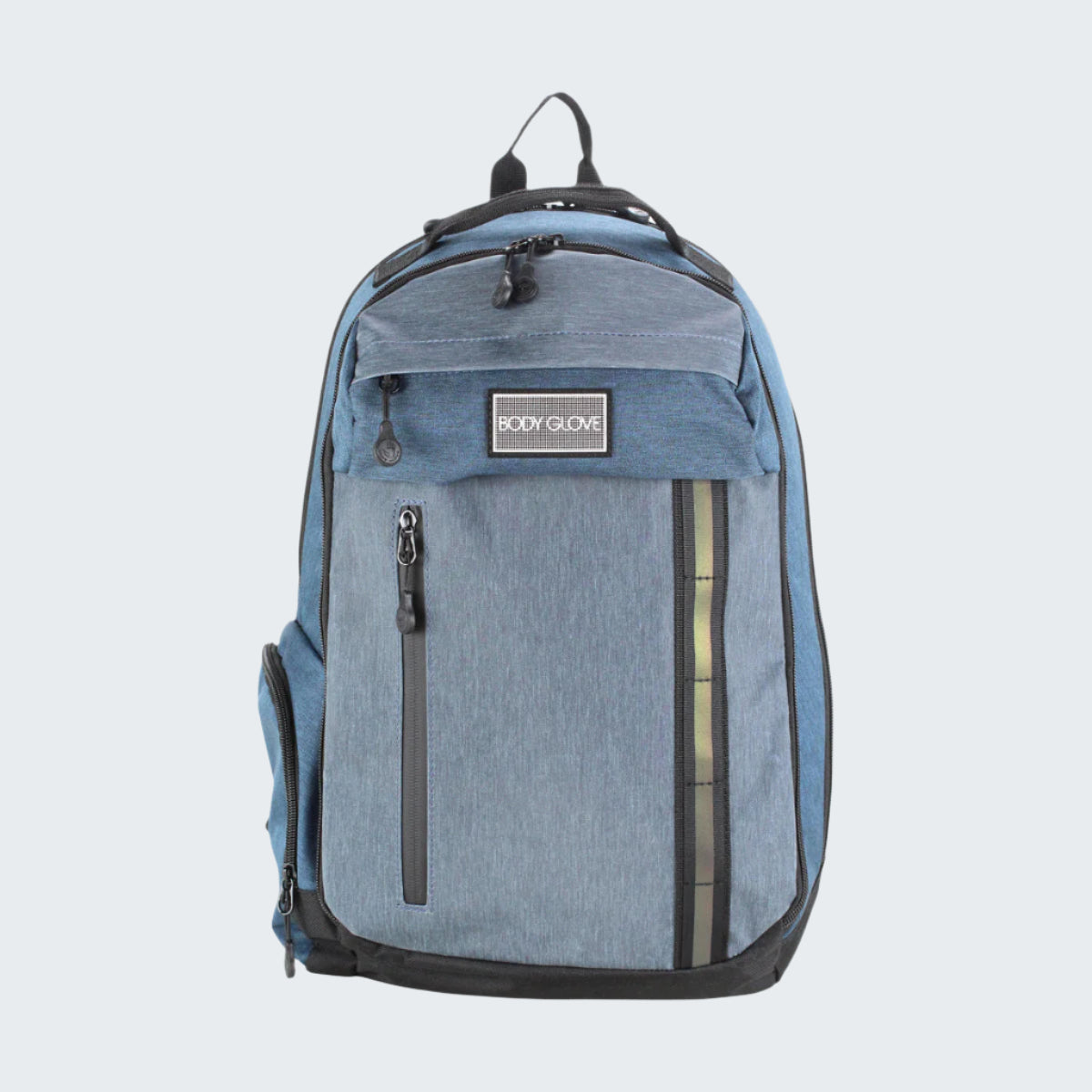 Blue backpack with black accents on a white background