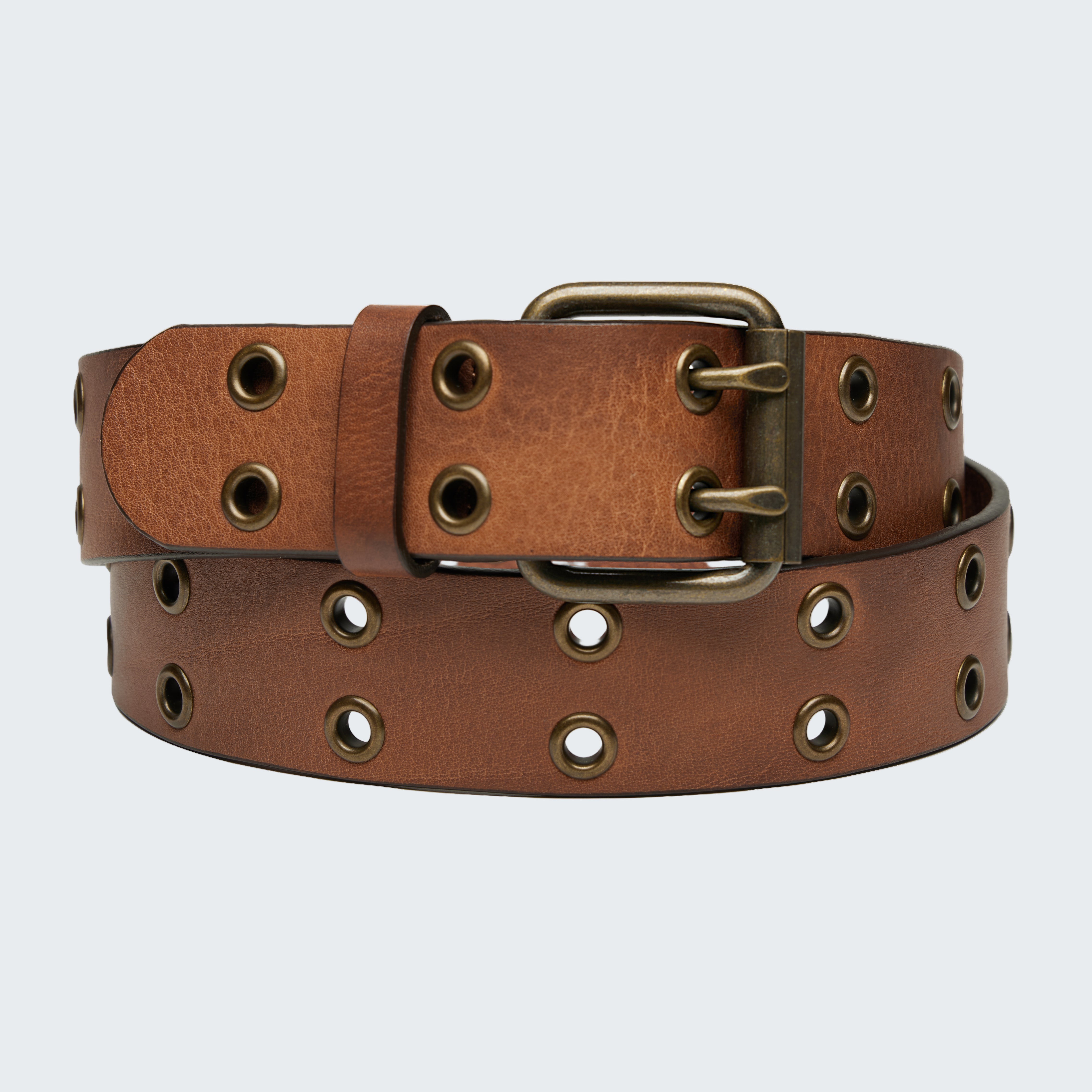Brown leather belt with brass buckle on a white background