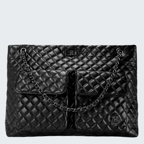 Black quilted handbag with chain detail on a white background