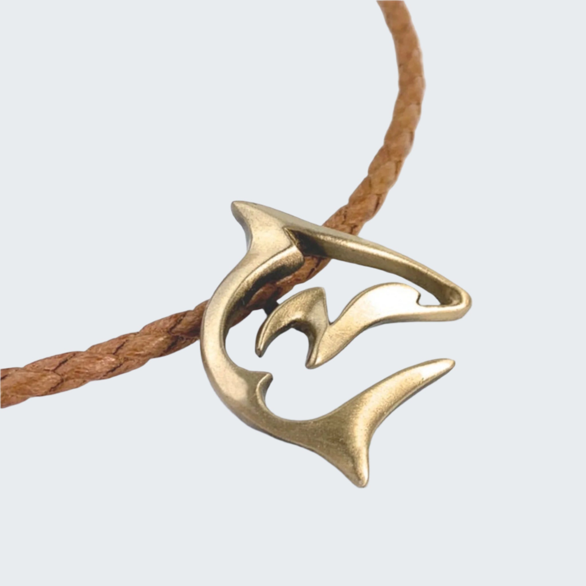 Brass dolphin pendant on a brown cord with a beach background