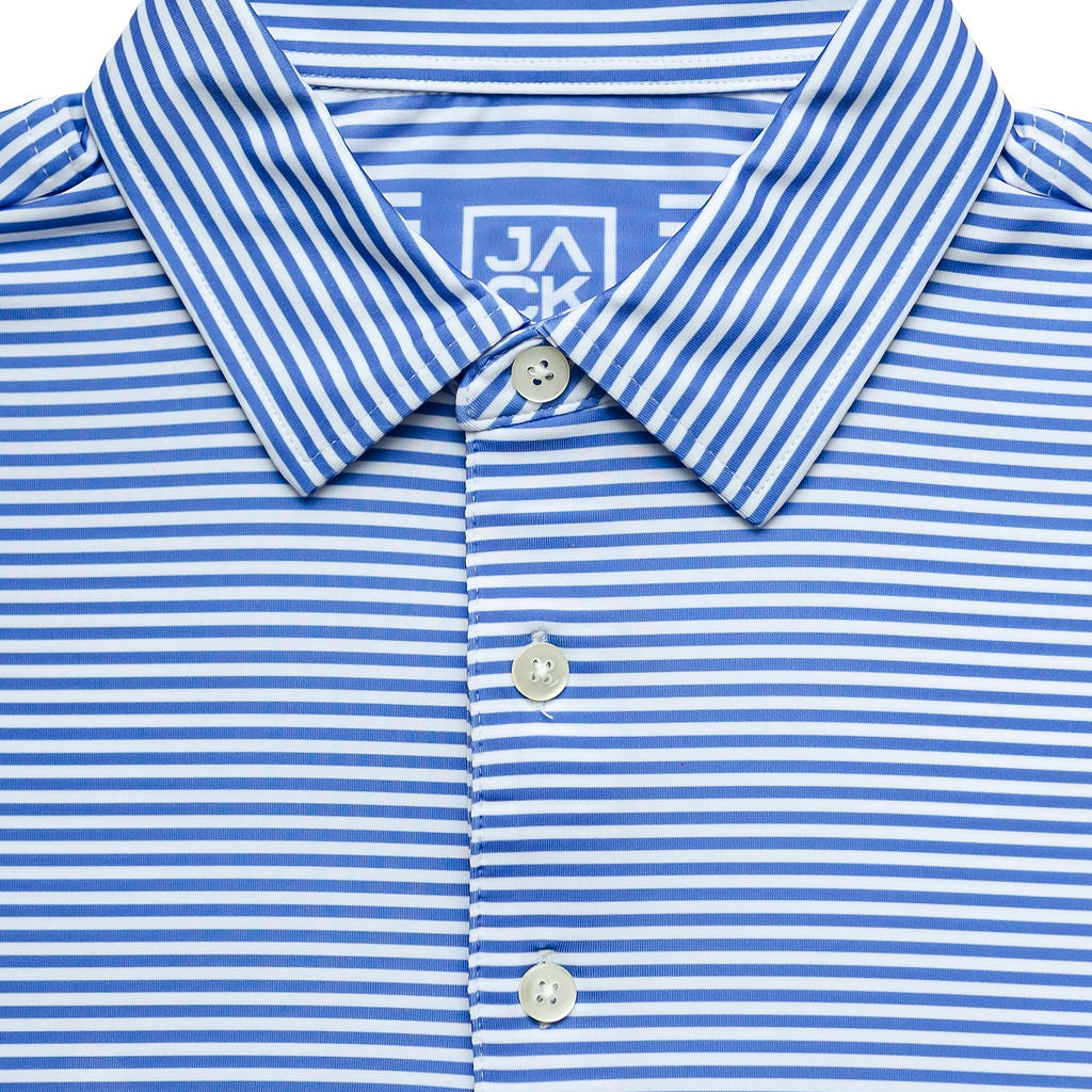Blue and white striped polo shirt with a brand logo on a white background