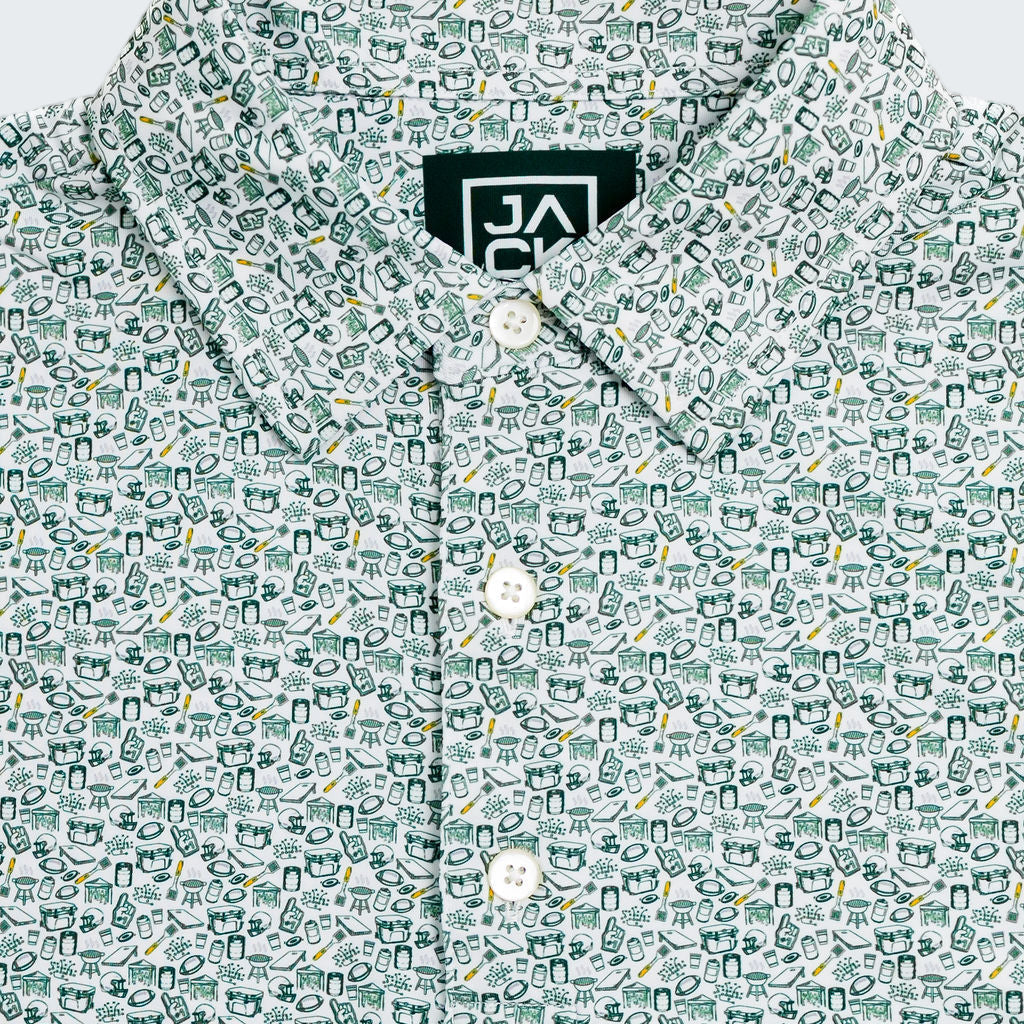 Green patterned shirt with a brand logo on a white background