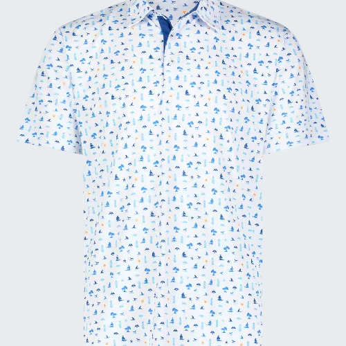 Short-sleeve shirt with blue floral pattern on a white background