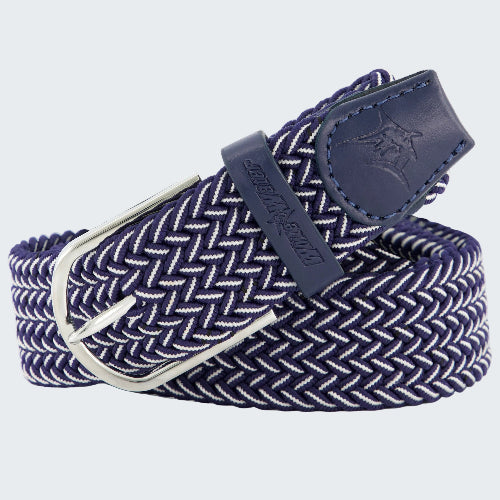 Navy and white braided belt with a blue buckle on a white background
