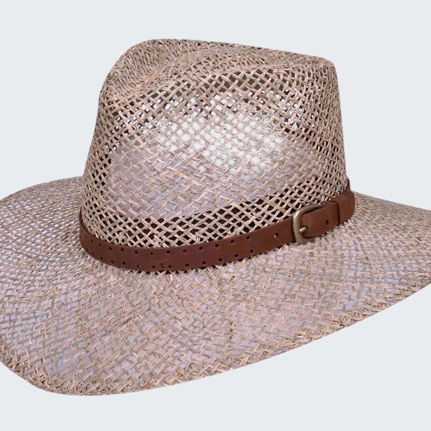Woven straw hat with a brown band on a white background