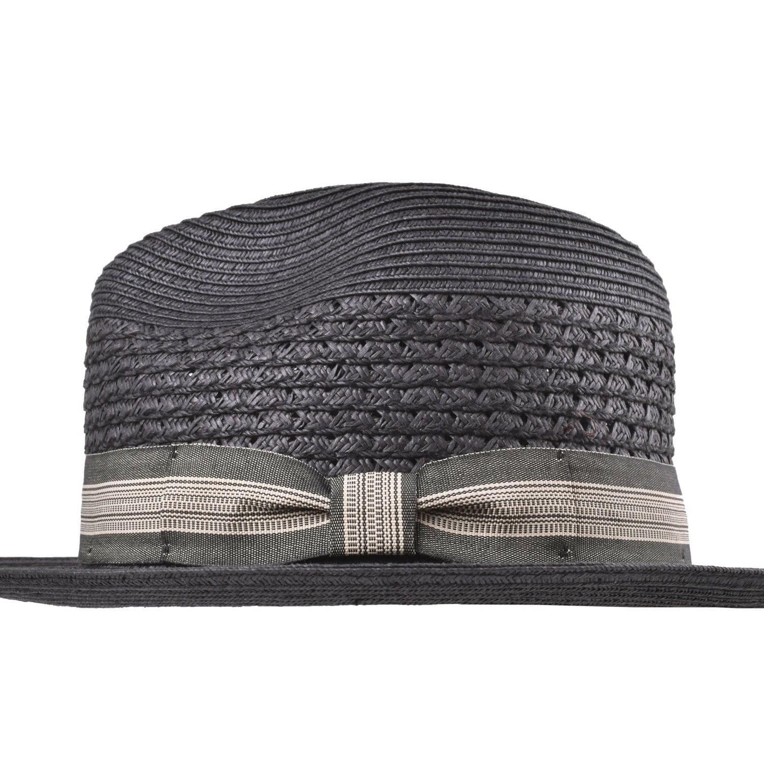 Black straw hat with a decorative band on a white background