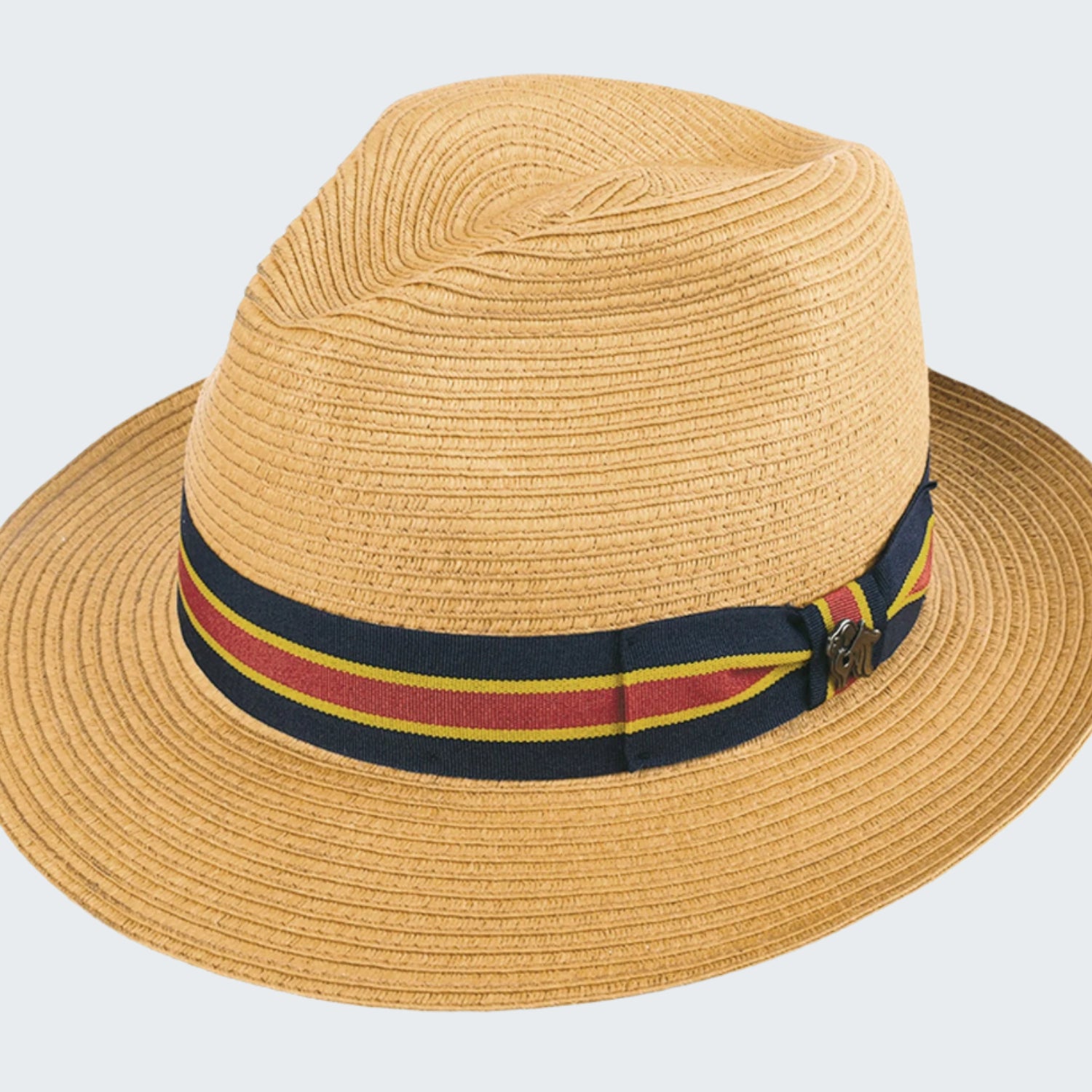 Beige straw hat with a colorful band on a white background