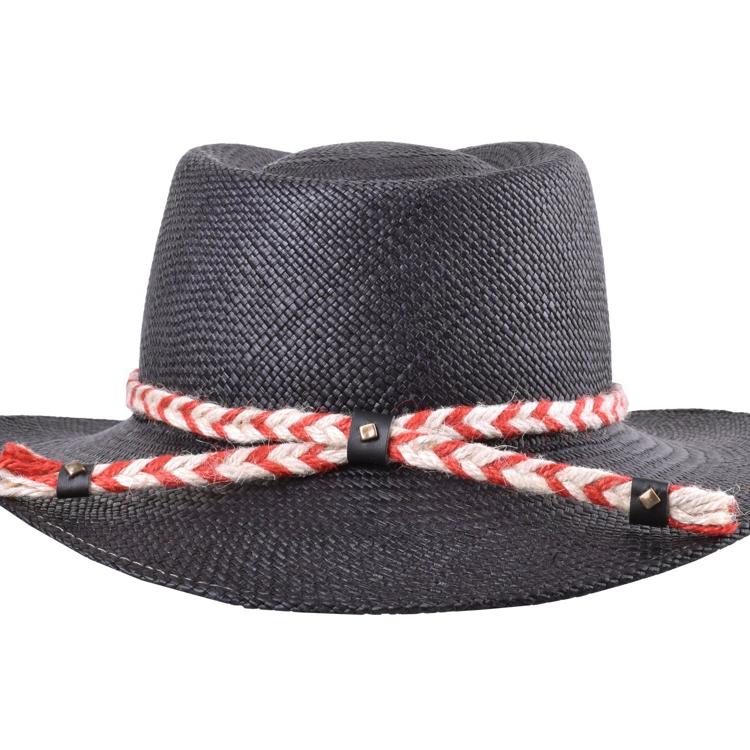 Black straw hat with a red and white braided band on a white background