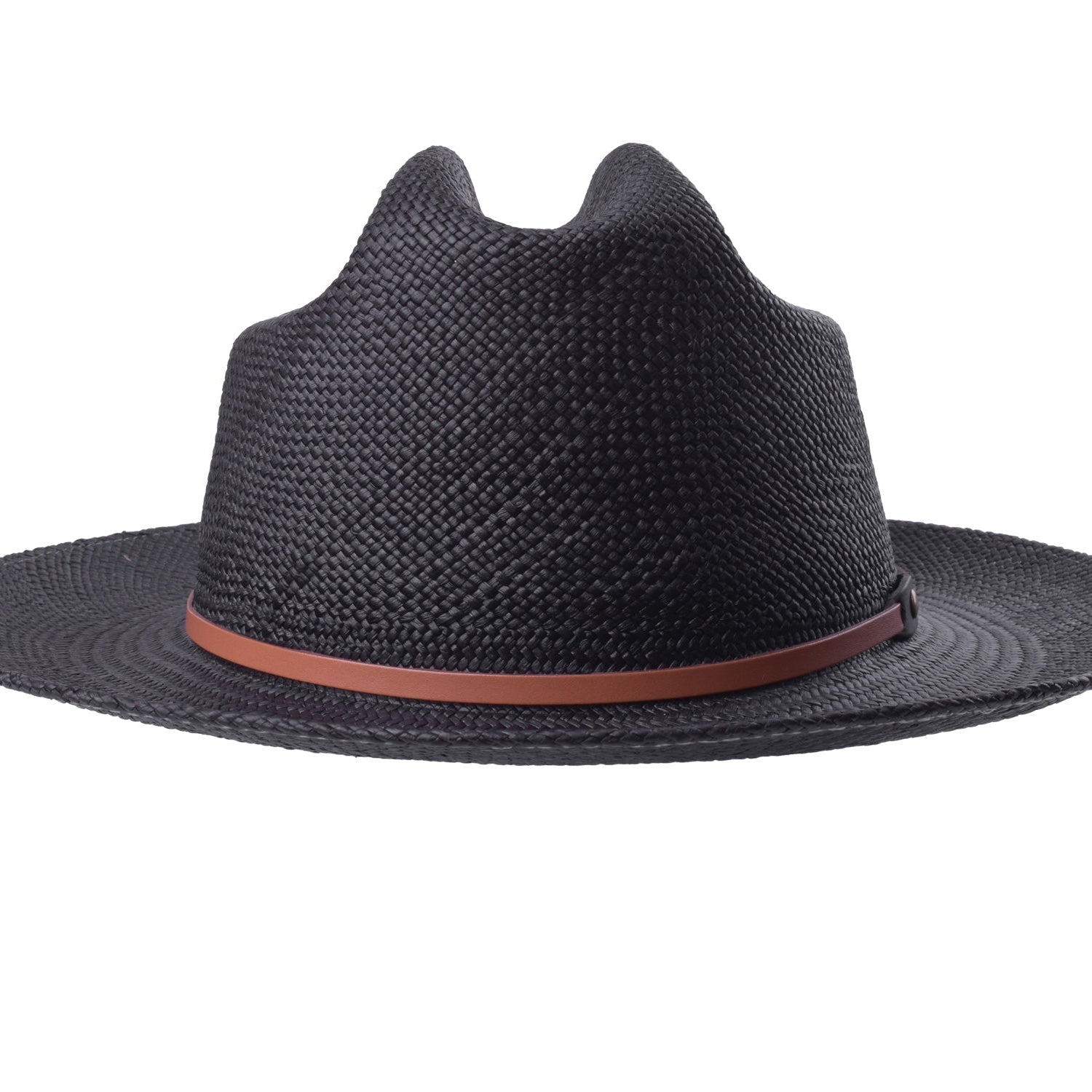 Black straw hat with a brown band on a white background