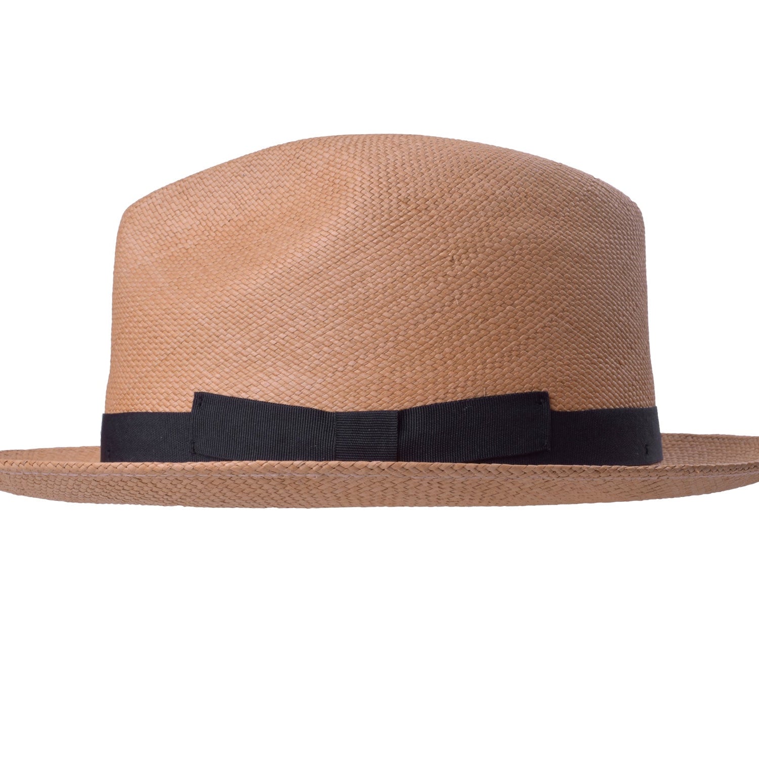 Beige straw hat with a black band on a white background