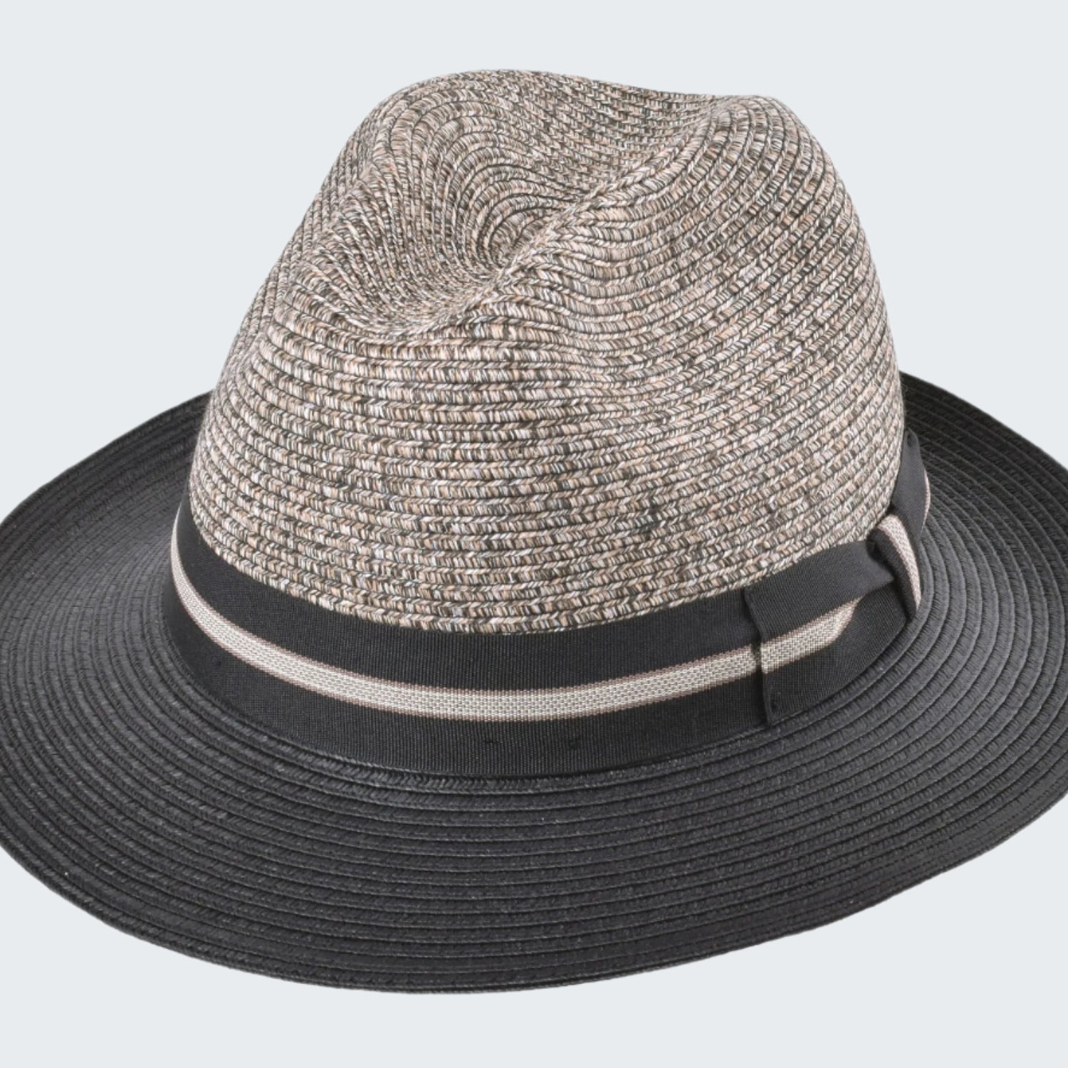 Two straw hats with black bands on a white background