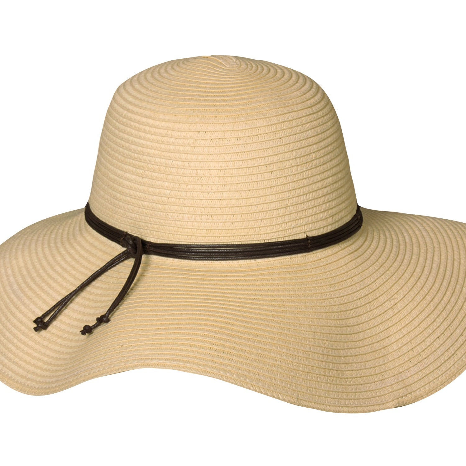 Beige straw hat with a black band on a white background