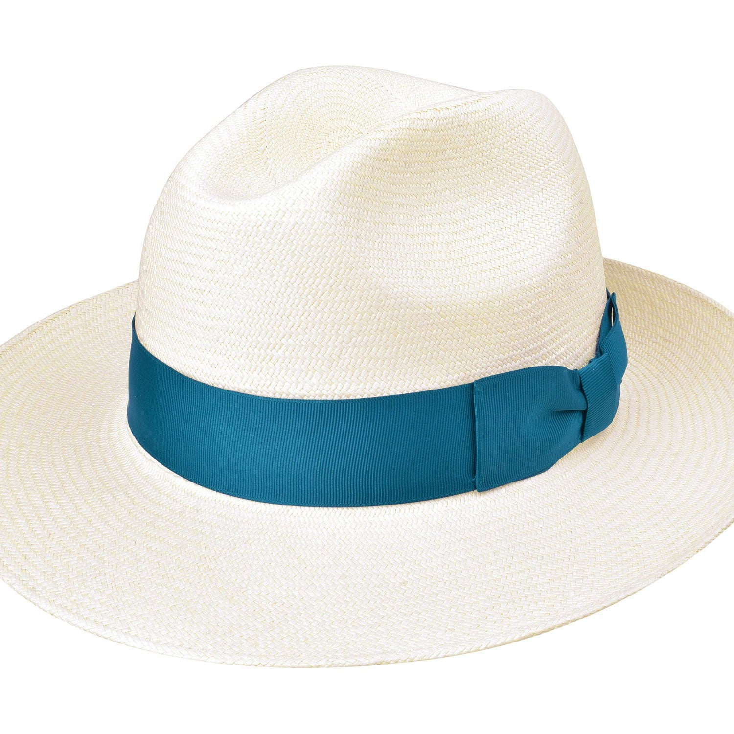 White straw hat with a blue band on a white background