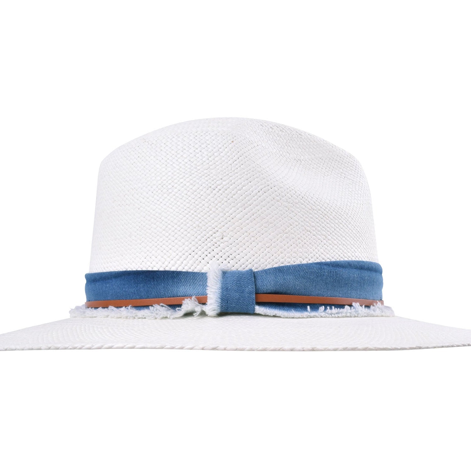 White straw hat with a blue band on a white background