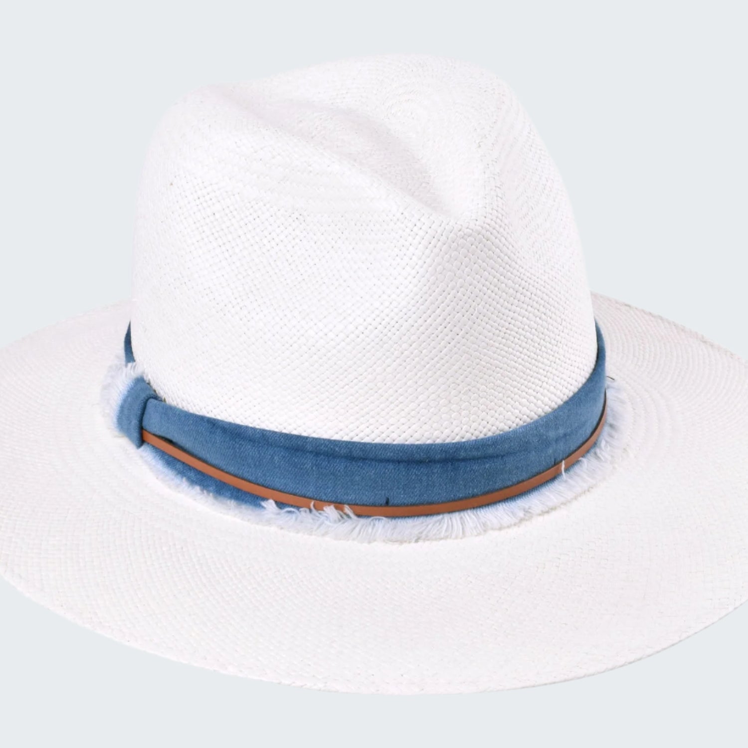 White fedora hat with a blue band on a white background