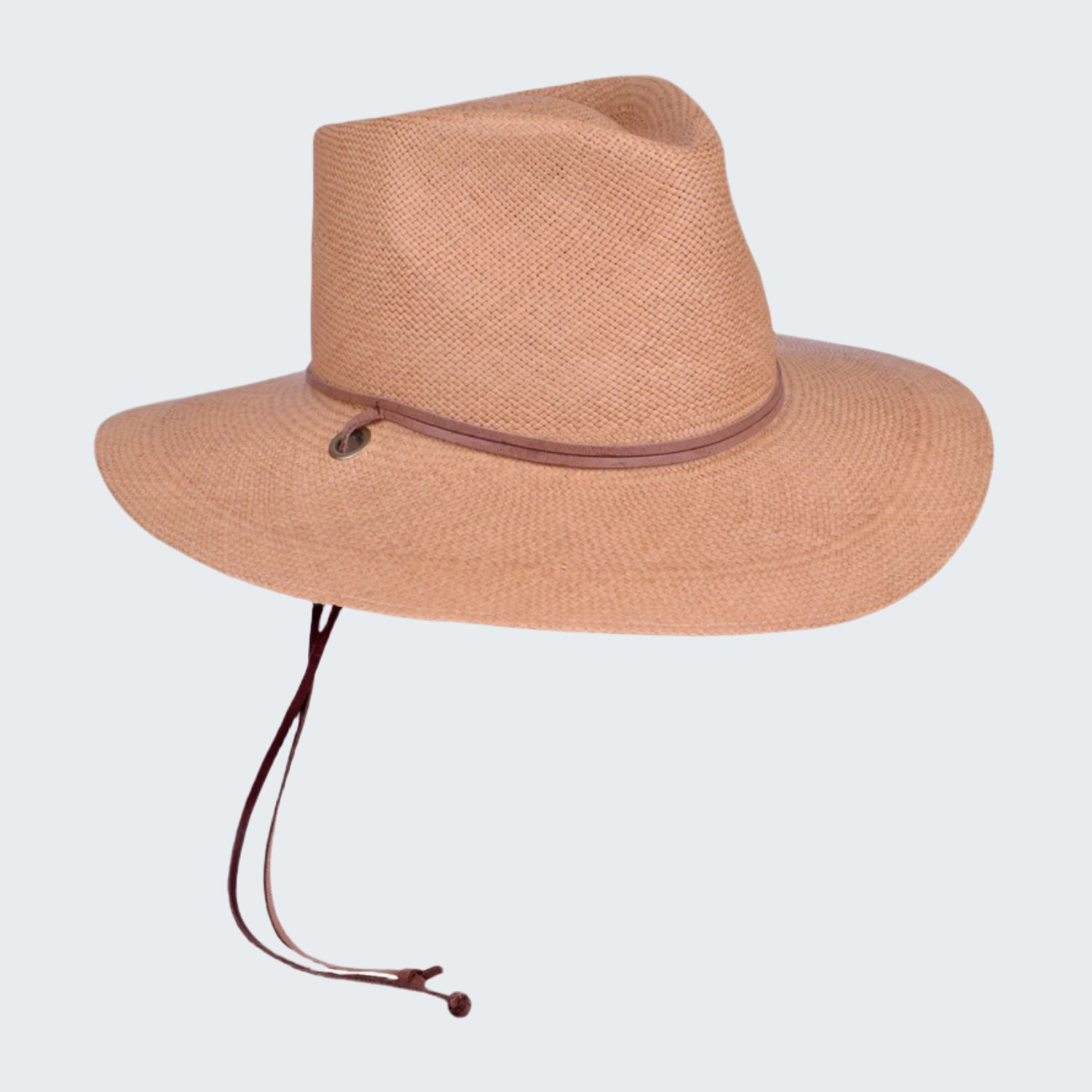 Beige wide-brimmed hat with a brown band on a white background