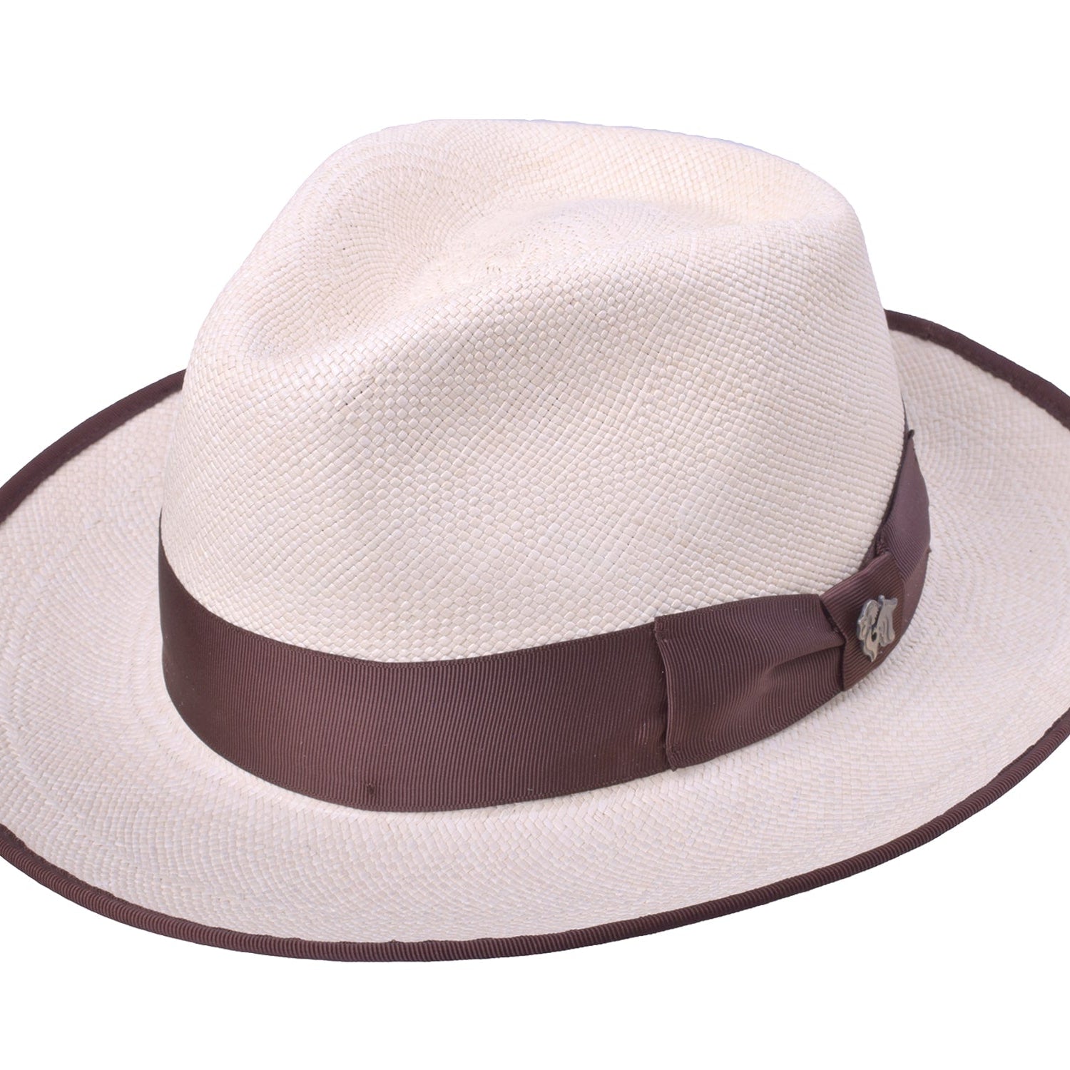 White straw hat with a brown band on a white background