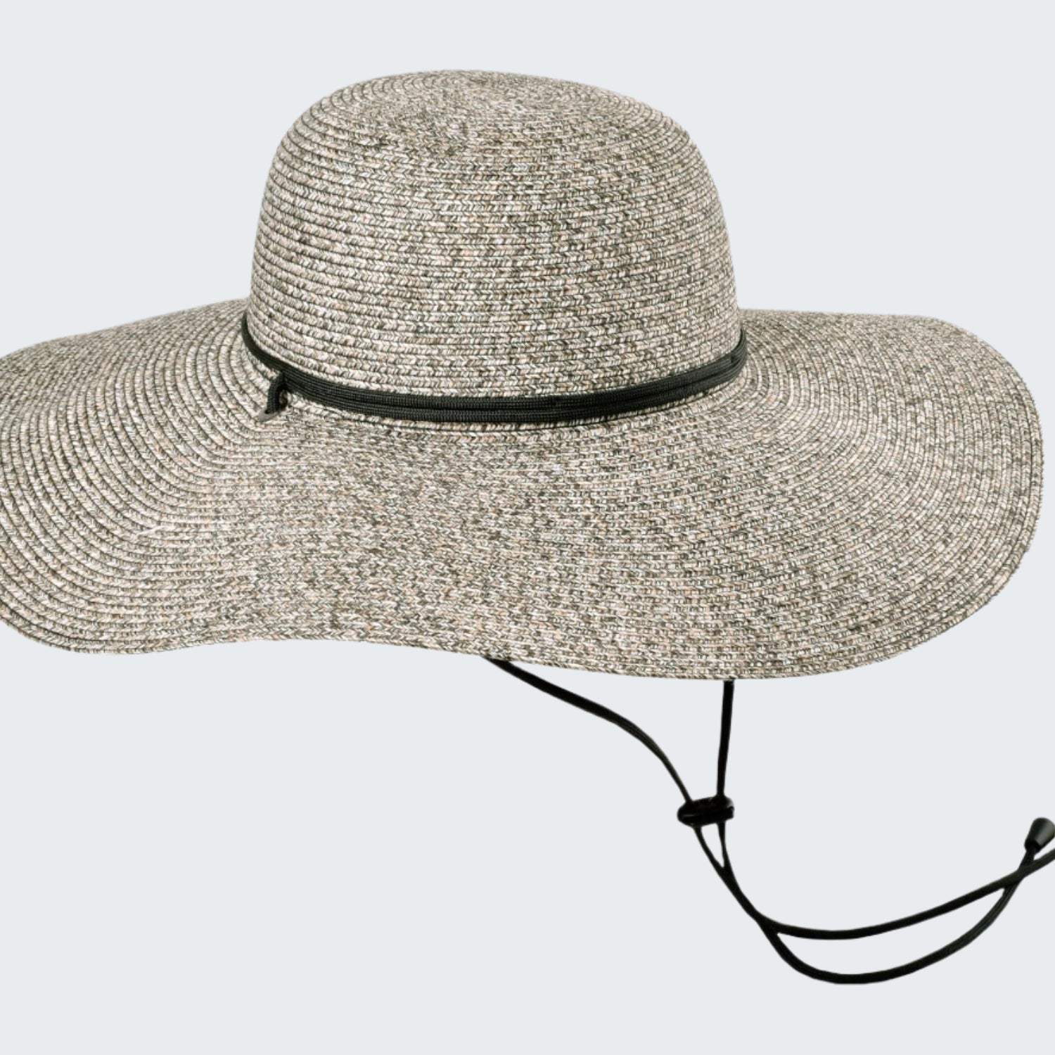 Wide-brimmed straw hat with a black band on a white background